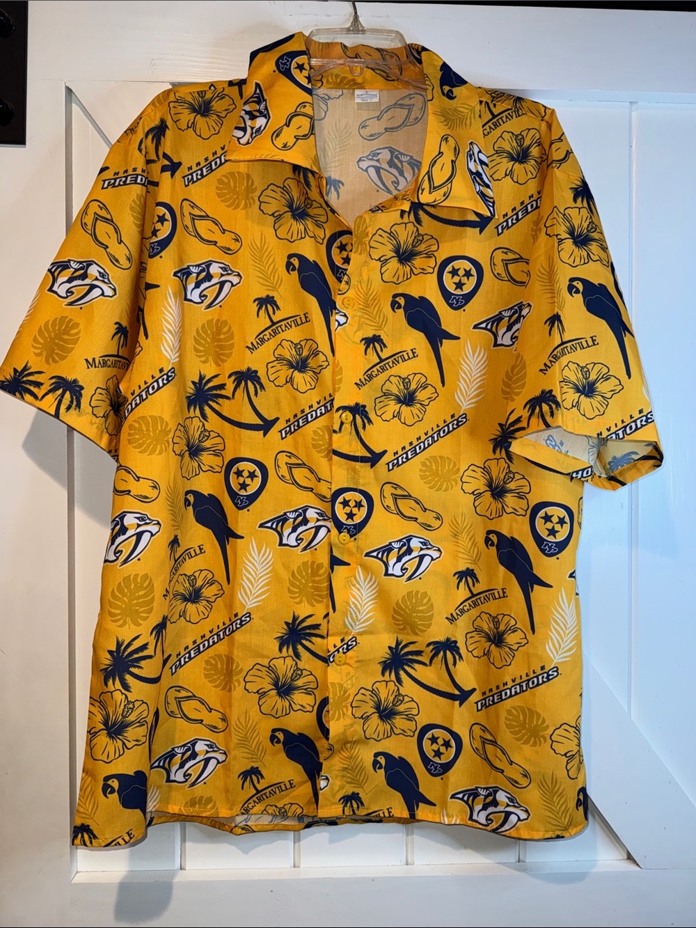 Margaritaville Yellow and Navy Parrot & Hibiscus Camp Shirt